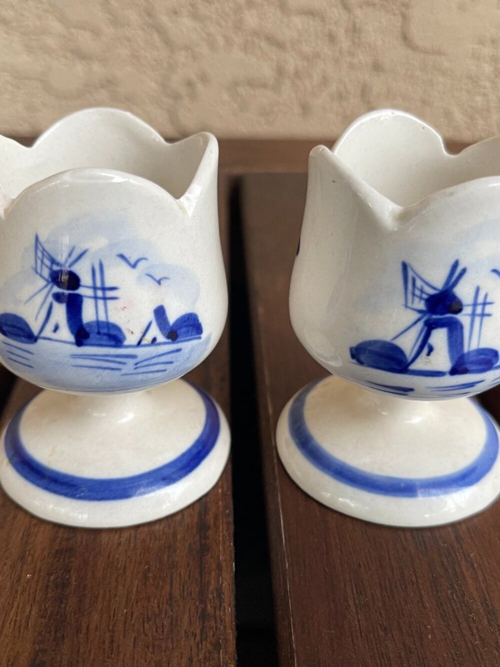 Vintage Delft Holland Blue & White Signed Windmill Pedestal Egg Cups - Pair